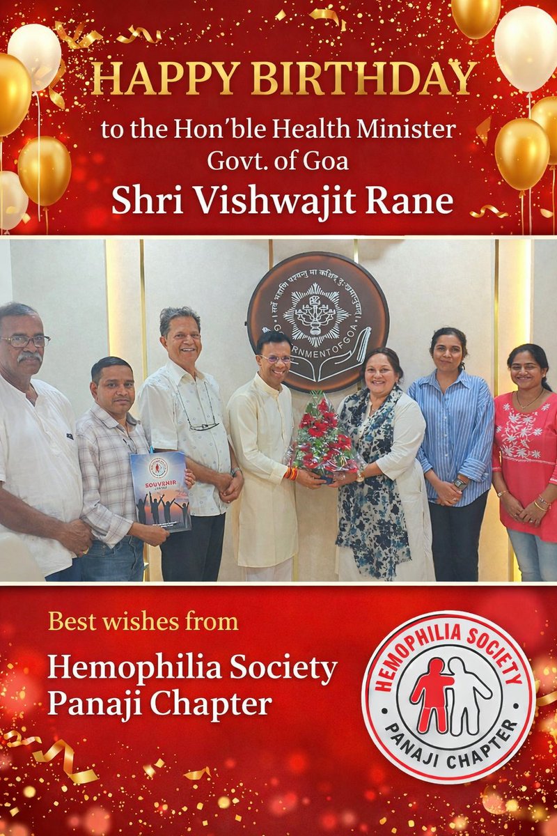 GoaHemophilia's tweet photo. Warm birthday wishes to Hon’ble Health Minister Shri Vishwajit Rane. Grateful for your dedicated service and passion towards improving the health of Goans and continuous support for the hemophilia community. Wishing you good health and success https://t.co/fHOv7wiiib