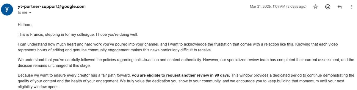 BaldRants's tweet photo. Its been over 10 days since @TeamYouTube falsely rejected my channel for the sliver plaque. I tried reaching out to support and kept getting the same AI responses. Now they want me to wait 90 days for another AI rereview which will reject me. Pls have a HUMAN rereview my channel. https://t.co/DFstRzsxJP