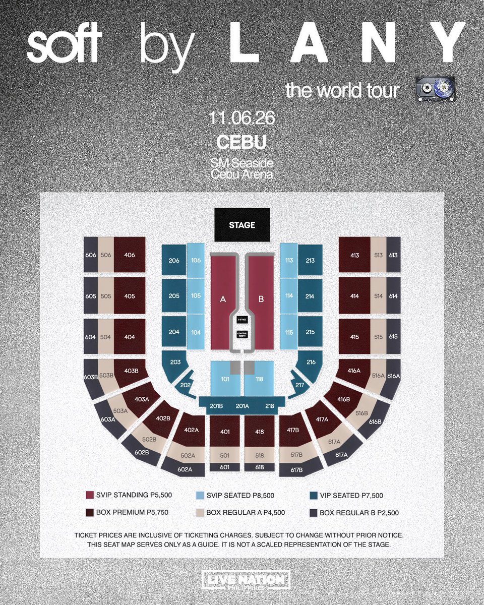 philconcerts's tweet photo. Seat plan and ticket prices for LANY: soft world tour in the Philippines

Cebu
📅 November 6, 2026
📍 SM Seaside Cebu Arena

Manila
📅 November 8, 2026
📍 Philippine Arena

Davao
📅 November 14, 2026
📍 Crocodile Park Concert Grounds

🎫 Ticketing Dates:
- Artist Presale: March 24, 12PM - 11:59PM
- Mastercard Presale: March 25, 10AM - March 26, 10AM
- LNPH Presale: March 26, 12PM – 11:59PM
- General Onsale: March 27, 12PM

#LANYinManila #LANYinCebu #LANYinDavao #softworldtourPH @livenationph