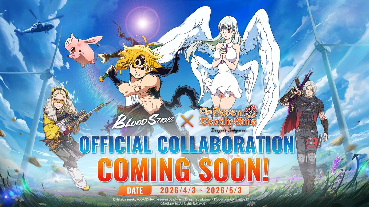 bloodstrike_EN's tweet image. BLOOD STRIKE X THE SEVEN DEADLY SINS IS COMING SOON!

2026.4.3 - 2026.5.3

Claim free collaboration rewards, join exclusive events, and fight for love and justice!

#BloodStrike #BS #7DS