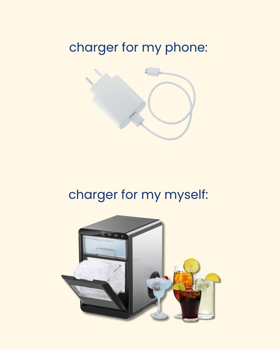 SimzlifeGlobal's tweet image. Phones need ⚡️,  I need 🧊

Current battery status: 1%... until the first sip of an iced drink hits. Forget the wall plug, my real charging station is right here on the countertop. 🔋✨

Who else is powered by nugget ice? 🙋‍♂️🙋‍♀️
#simzlife #livewithsimzlife #icemaker #lifehacks