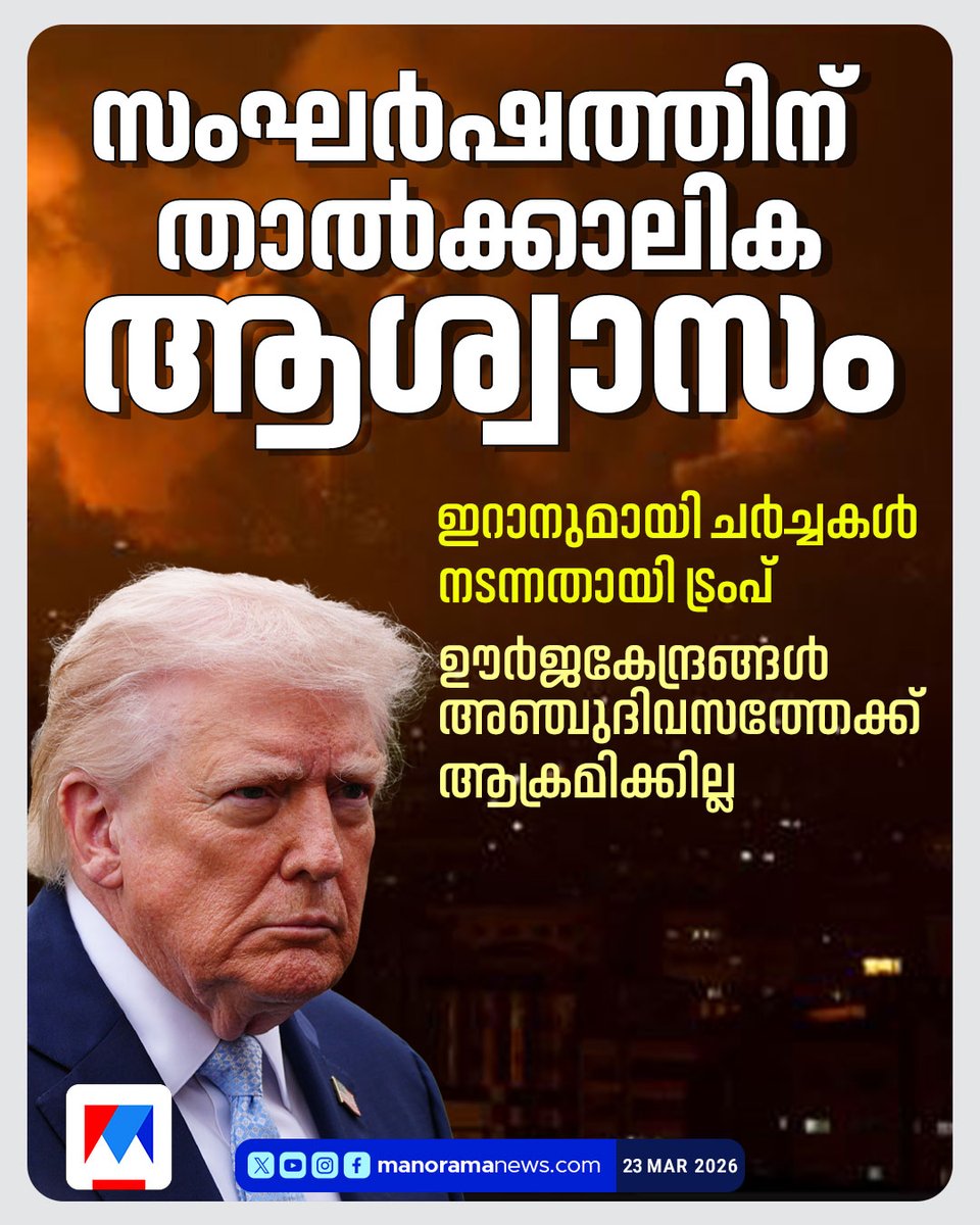 manoramanews's tweet photo. ഊര്ജകേന്ദ്രങ്ങള് അഞ്ചുദിവസത്തേക്ക് ആക്രമിക്കില്ല. ട്രംപിന്റേത് പിന്മാറ്റമെന്ന് ഇറാന് മാധ്യമങ്ങള് #donaldtrumps #iran #IranIsrael #hormus https://t.co/na5iJAwGPj