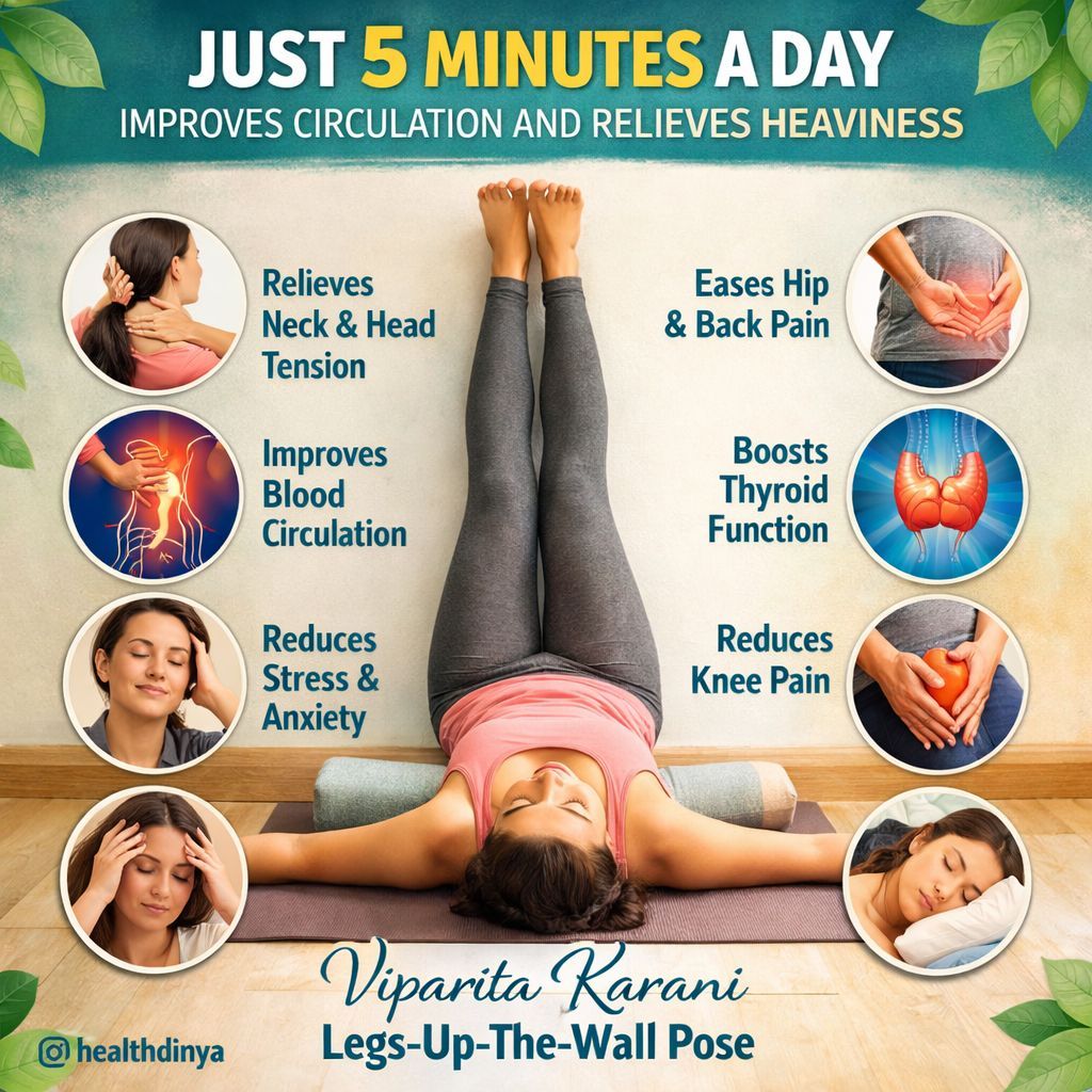 HealthDinya's tweet photo. Just 5 minutes a day can improve circulation &amp; reduce heaviness.
Try Viparita Karani (Legs-Up-The-Wall Pose) for stress relief, better sleep &amp; pain relief.

@healthdinya 

#Yoga #HealthTips #StressRelief https://t.co/kBeOBVLhQa