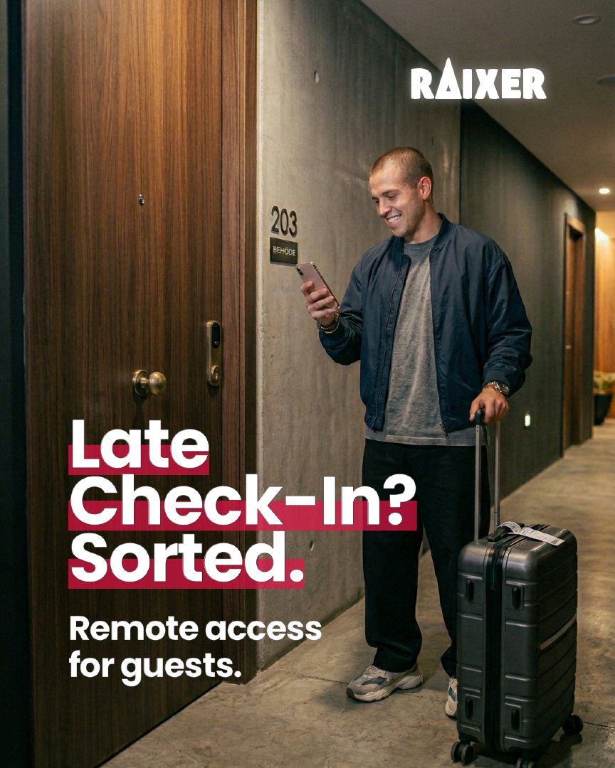 raixercom's tweet photo. Say goodbye to key handovers at 2 AM. Grant your guests autonomous access to their vacation rental straight from their phones. 🧳🌙 #ShortTermRental #Raixer https://t.co/rh5bOXF1fp