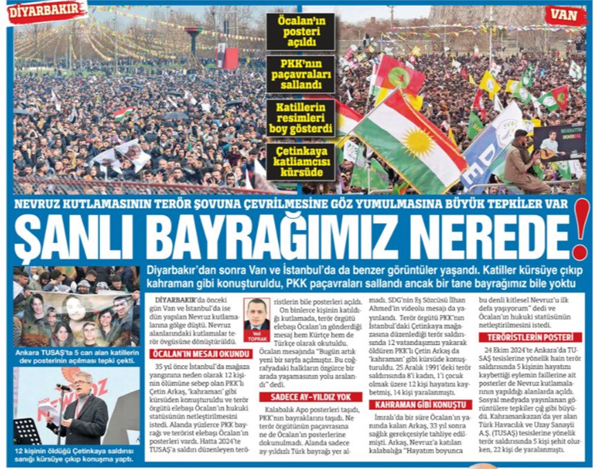 alidemiriyi38's tweet photo. Diyarbakır ve Van’da  50.000 kişinin katili terörist başının posterleri ile PKK/KCK terör örgütüne ait paçavralarının açılması, katillerin fotoğraflarının gösterilmesi, 25 Aralık 1991 tarihinde 8’i kadın, 1’i çocuk olmak üzere 12 vatandaşımızın şehit edildiği  İstanbul’daki Çetinkaya mağazasına gerçekleştirilen terörist saldırının hükümlüsünün kürsüden yaptığı konuşması esnasında, bebek katilinin hukuki statüsünün netleştirilmesini istemesi, Ankara’da TUSAŞ tesislerine yönelik 24 Ekim 2024’de yapılan hain terörist saldırıda şehit düşen 5 vatan evladımızın katillerinin posterinin teşhir edilmesi, İstanbul-Yenikapı’da pankart gerginliği sonrasında kafalarına PKK/KCK terör örgütünü simgeleyen sözde flamları takan bir grup şahıs tarafından Marmaray Yenikapı durağında halay çekilmesi türü somut davranışlar nedeniyle vatandaşlarımızın provoke edilmesi, gölgesinde yaşadıkları ay yıldızlı al rengindeki Türk Bayrağı’nın meydanlarda görülmemesi suretiyle gerçekleştirilen Nevruz etkinliklerini şiddetle protesto ediyor ve kınıyorum.

Yeri gelmiş iken ifade edeyim ki birilerince vatandaşlarımızı provoke etmek için fırsat olarak değerlendirilmeye çalışılan baharın müjdecisi olarak kabul edilen ve coşku ile kutlanan Nevruz; Azerbaycan, Kazakistan, Kırgızistan, Özbekistan, Türkmenistan ve Tacikistan’daki kutlamalar ve resmi tatil uygulamalarından anlaşılacağı üzere, özbeöz TÜRK Dünyası’nın ortak bayramıdır. 

Aksini düşünen ve iddia eden var ise onlara, arınmayı, kötü enerjilerden temizlenmeyi ve yeni başlangıçları simgeleyen Nevruz ateşinin yakılışı ile birlikte Azerbaycan’da resmi Nevruz Bayramı tatilinin 20-24 Mart 2026 tarihleri arasında 5 gün sürdüğünü hatırlatır,  hayali, beyhude çabalara  son vermelerini ve tarihi gerçekleri yerinde görmeleri için Bakü’ye gitmelerini tavsiye ederim.