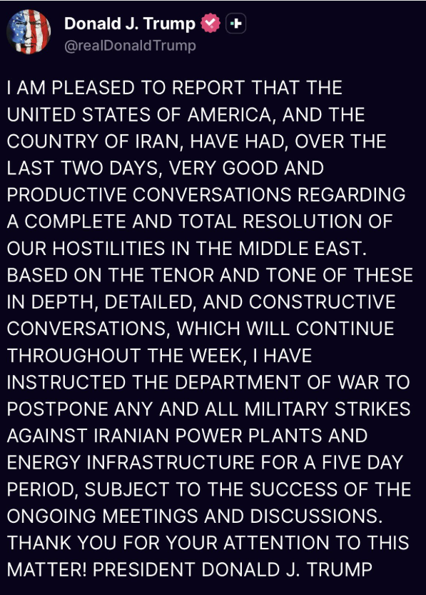 Off ramp activated.

<a href="/realDonaldTrump/">Donald J. Trump</a> announces halt to action against Iranian power facilities as discussions to end the conflict continue this week.  No news yet if military targets are exempt from further strikes. 🚵‍♂️