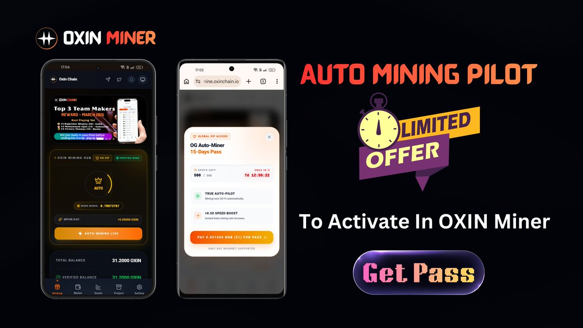 👑 BECOME AN OXIN OG AUTO-MINER! 🔥

Unlock the OG Pass and let your node mine on 100% Auto-Pilot. ✨

🚀 OG Features:
⚡ +0.50 Speed Boost
⚙️ 24/7 Auto-Mining (No Claim Need for 15 days) 
💎 Exclusive Badge

⚠️ ALERT:Only 500 SPOTS available. Ever. ⏳ Campaign ends in 7 DAYS.