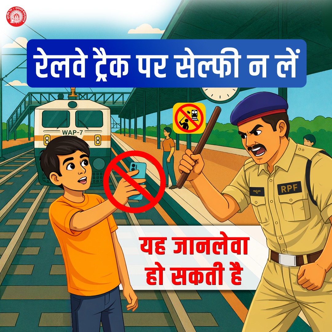 drmjabalpur's tweet photo. जीवन की कीमत किसी भी फोटो या वीडियो से कहीं अधिक है! रेलवे ट्रैक पर सेल्फ़ी लेना या वीडियो बनाना न सिर्फ़ कानूनन अपराध है बल्कि आपकी जान के लिए भी बड़ा खतरा है। #RailwaySafety #NoSelfieZone #SafetyIsPriority #ThinkBeforeSelfie #IndianRailways #SurakshaSabkiZimmedari https://t.co/cIHUmPVT6L