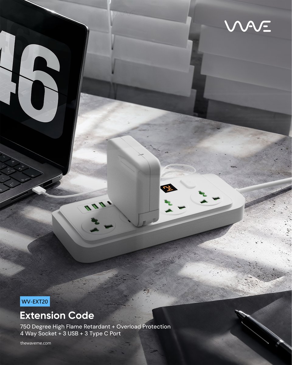 wavedubai's tweet image. One sleek extension, everything in sync, Wave’s extension with 4 sockets, 3 USB, 3 Type-C, built for a smooth, safe, worry-free workspace.

#Wave #SmartPower #ExtensionBoard #TechEssentials #Gadgets