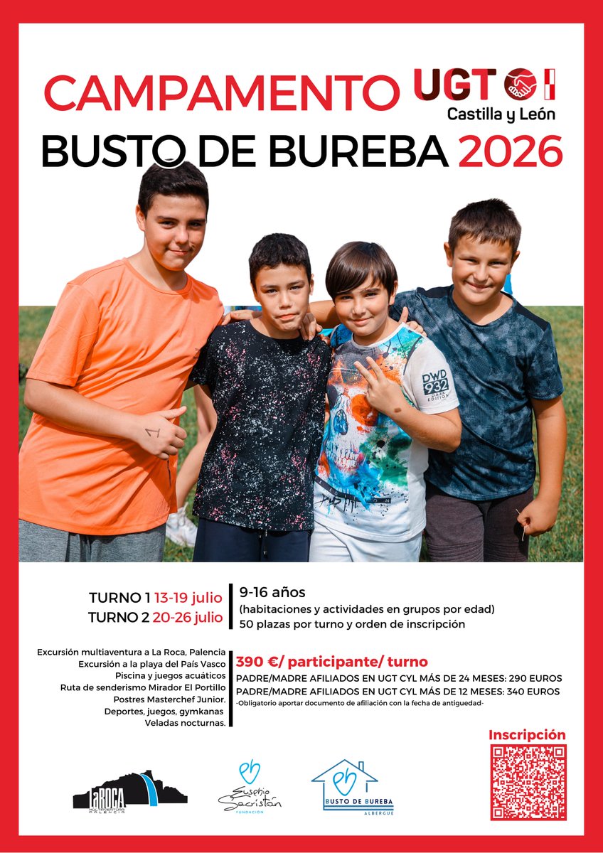 😎Los más jóvenes de la casa pueden disfrutar de un verano en la naturaleza 🌳, haciendo deporte 👟y compartiendo experiencias y aventuras 🧗

⛺️Si eres afiliado a UGT ya puedes apuntarles a los Campamentos que organizamos con <a href="/ESFundacion/">Fundación Eusebio Sacristán</a> con dos grupos de edad y dos turnos por