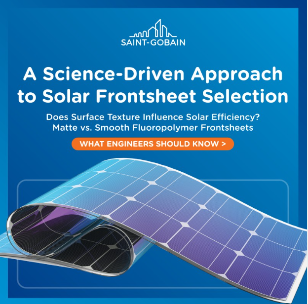 saintgobain's tweet image. [#TuesdayTip]
☀️ Clear isn’t always better for solar panels!
🔥 #SaintGobain Tape Solutions’s "Matte FEP" reduces glare and improves light capture, boosting solar cell performance and efficiency.
👉 More info: tapesolutions.saint-gobain.com/en-us/resource…