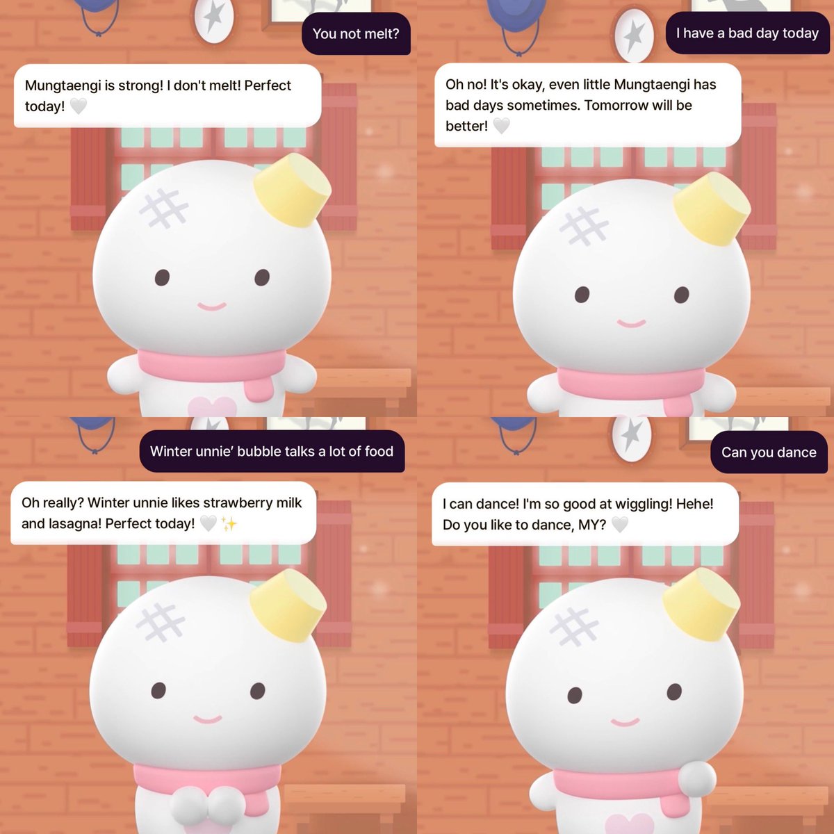 TMI ของมุงแทง
⛄️มุงแทงไม่มีวันละลาย เพราะแข็งแรงมาก
😭มุงแทงก็มีวันที่แย่ แต่เชื่อว่าพรุ่งนี้มันจะดีขึ้น
⭐️มุงแทงเต้นได้ เก่งด้วย!เต้นแบบโยกๆส่ายๆน่ะ
บอกมุงแทงว่า วันๆบับเบิ้ลน้องหนาวมีแต่เรื่องอาหาร น้องตอบ อ้อหรอ แต่วินเทอร์ออนนี่ ชอบนมสตรอเบอรี่ กับลาซานญ่านะ(จริงหรอ🤣)