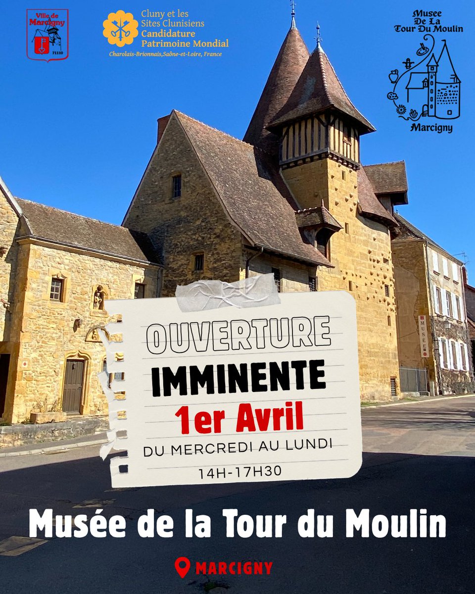 CharoBrioCluny's tweet photo. ⏰J-7 !
🎉Le Musée de la Tour du Moulin à Marcigny rouvre ses portes le 1er Avril à 14h !
👉Au programme : une toute nouvelle exposition "Visages du Monde - Collections Internationales" et de nombreux ateliers et visites guidées !
#musee #marcigny #ideesortie #saoneetloire https://t.co/fLYP9BIFm1