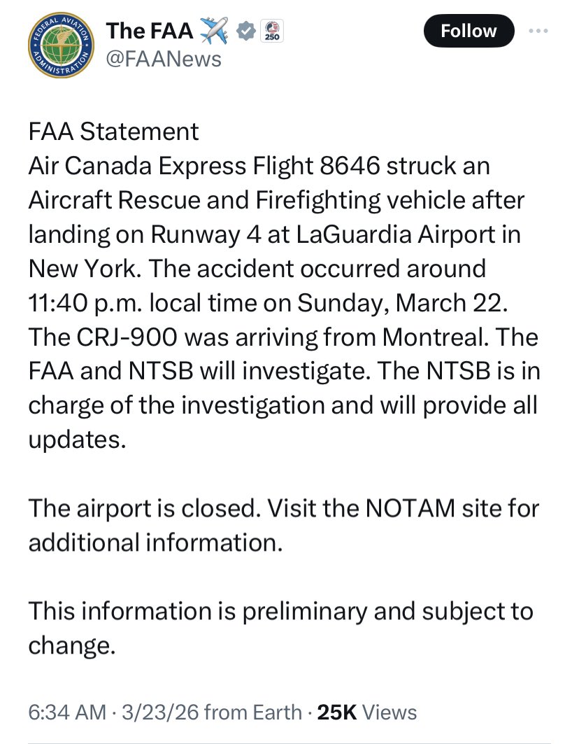 DiRealDan's tweet image. Air Canada Express Flight 8646 struck an Aircraft Rescue &amp;amp; Firefighting vehicle 

📍After landing on Runway 4 at LaGuardia Airport in New York

📍Accident occurred around 11:40 p.m. Sunday, March 22

📍A CRJ-900 arriving from Montreal

📍The Airport is closed