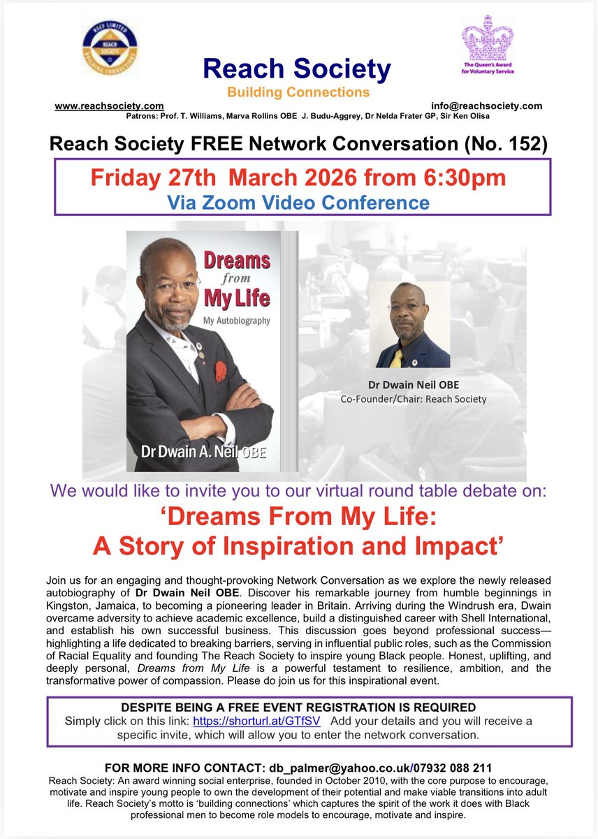 ReachSociety10's tweet image. IF TIME IS KIND join us on-line 💻 🎧 this Fri 27th March from 6:30pm for our special NetCon featuring a our Chair Dr Dwain Neil OBE sharing insights from his recently published autobiography ‘Dreams From My Life' REGISTER HERE 👉🏾 us02web.zoom.us/meeting/regist… #BuildingConnections
