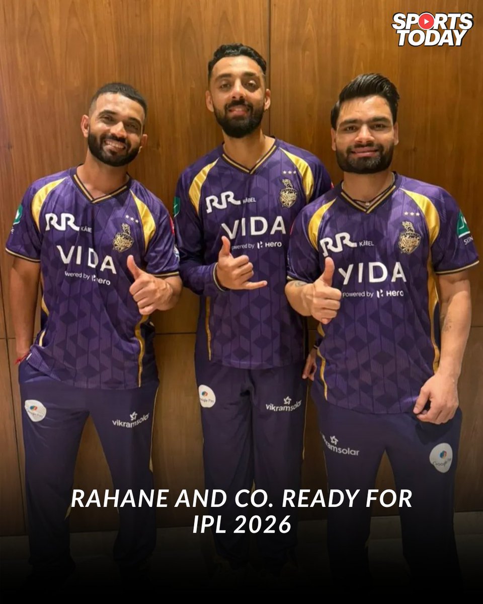 SportsTodayofc's tweet photo. Ajinkya Rahane shares a photo with Rinku Singh and Varun Chakravarthy in KKR's new kit
#AjinkyaRahane #RinkuSingh #VarunChakravarthy #KKR #KolkataKnightRiders #IPL #IPL2026 #Cricket #CricketFans #KKRFamily #KnightRiders #CricketLovers #IPLStyle #CricketUpdates #KKRNewKit https://t.co/fvH8iEwz4c