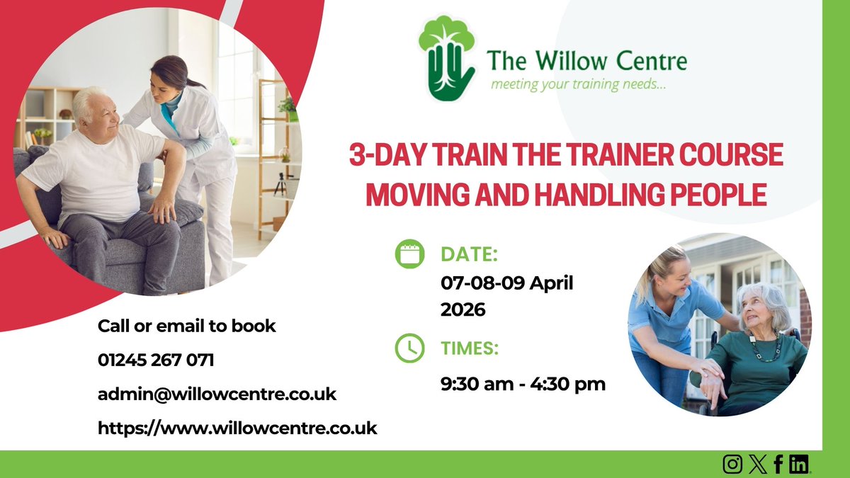 willowctr2015's tweet photo. Become a confident in-house trainer.

Moving &amp; Handling People – Train the Trainer (3 days)
📅 7, 8 &amp; 9 Apr 2026 | 📍 Chelmsford, Essex
📞 01245 267 071 | ✉️ admin@willowcentre.co.uk https://t.co/5MBvx8OdE3
