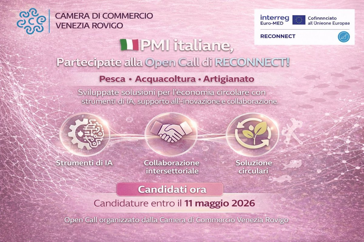 RECONNECT_MED's tweet photo. SMEs in #Veneto! 🌊♻️
The #RECONNECT #OpenCall is now open for fishery, aquaculture &amp; creative craft enterprises 🚀
Join the innovation journey towards a circular blue economy!
👉 https://t.co/i09qcWjzWq
#InterregEuroMED #SMEs #Innovation #BlueEconomy https://t.co/sg9olqfIzG
