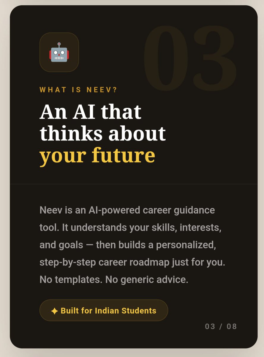VAIBHAV777's tweet photo. Meet Neev AI - Your AI Powered Career Guide.

Highlighting Features - https://t.co/NKloXxKE79