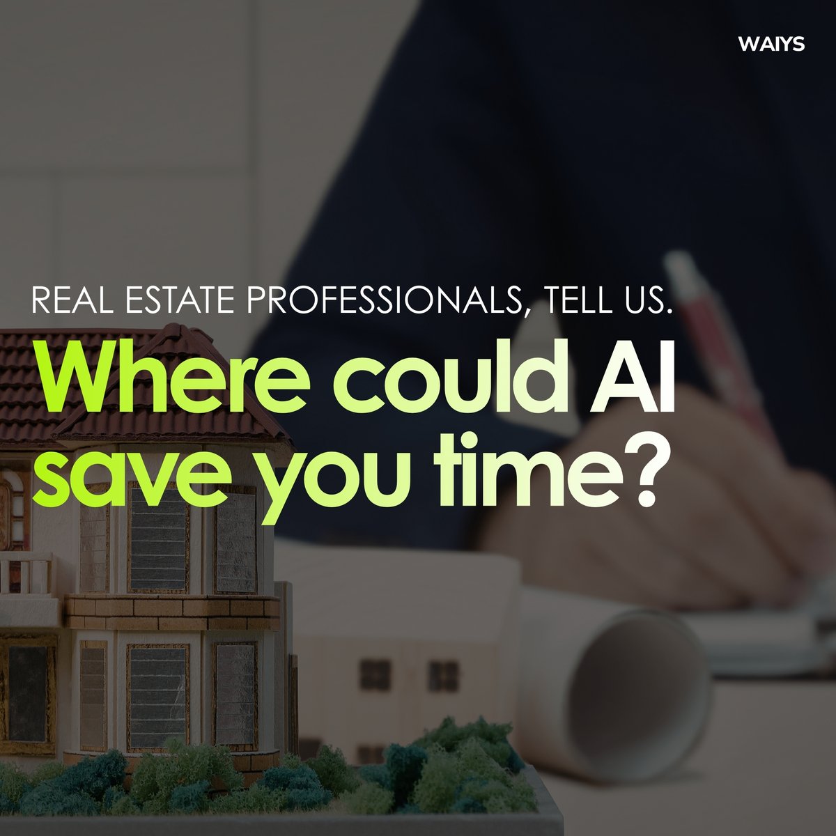 WAIYS_AI's tweet photo. 🚨Real estate professionals: 

If AI could take one task off your plate in real estate… what would it be?   

Many people in real estate spend hours every week on repetitive work that could be automated. We're gathering insights from professionals in the field to better understand where AI can actually make a difference.   

Is it deal analysis? Collecting market data? Document processing? Or something else entirely? We want to know about your biggest pain points!💪   

If you have 30 seconds, comment below or share your input here: https://t.co/oQ3ydJhU8l