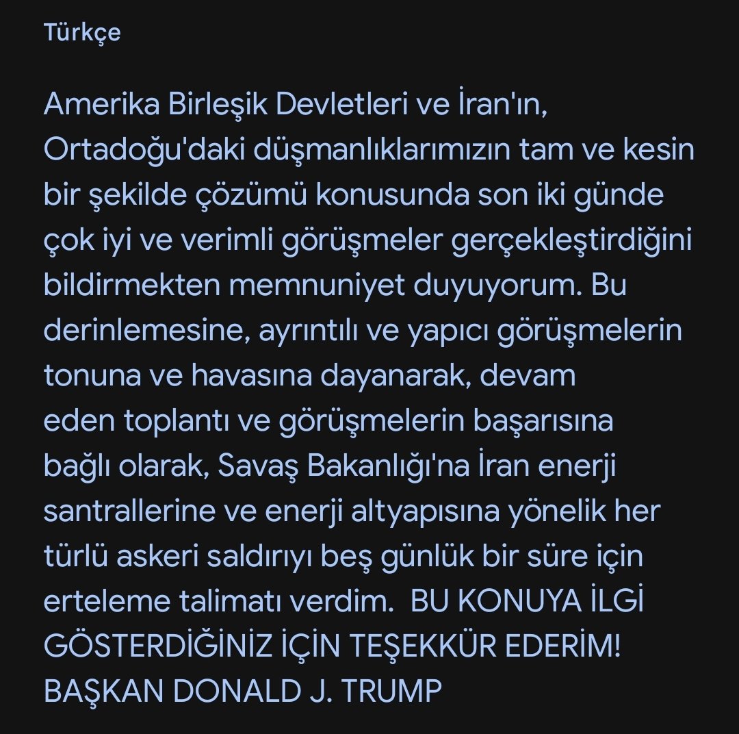 Trump saldırıyı 5 gün ertelediğini açıkladı

Trump bir tweet attı Dünya piyasaları, hisse endeksleri, kıymetli metaller hepsi %5'e yakın yukarı yönlü 1 dakika içerisinde hareket etti.