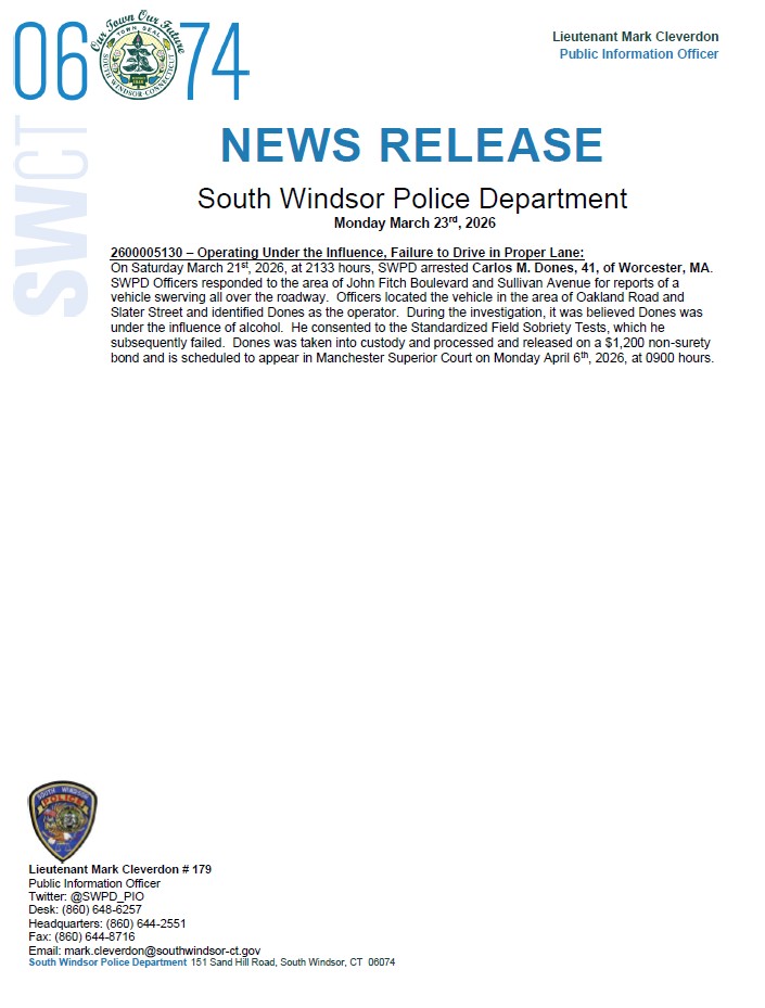 South Windsor Police Department PIO tweet media