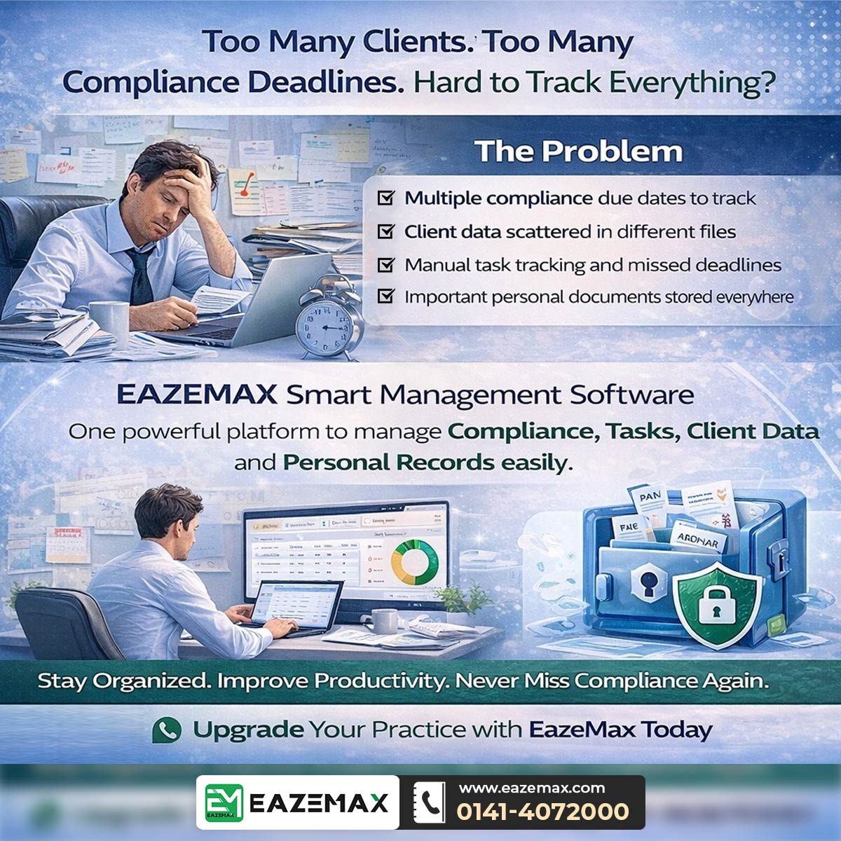 eazemaxsoftware's tweet image. Take control of your compliance, clients, and tasks with #EazeMax—stay organized, boost productivity, &amp;amp; never miss a deadline again.

Get Demo: eazemax.com

#ComplianceManagement #WorkflowAutomation #DocumentManagement #Fintech #BusinessSolutions #CAFirm #SecureData