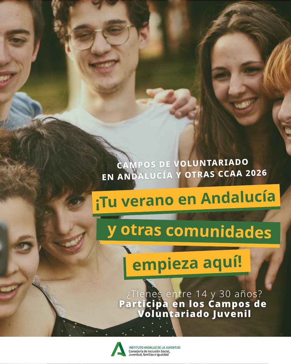 IAJuventud's tweet image. ¿Tienes entre 14 y 30 años y quieres participar en una experiencia de voluntariado? Infórmate sobre los Campos de Voluntariado Juvenil en Andalucía y otras comunidades autónomas en la web. Consulta los plazos y realiza tu preinscripción 👇 
juntadeandalucia.es/organismos/iaj…

#IAJ