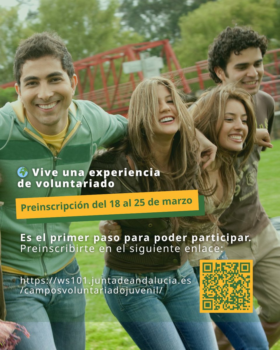 IAJuventud's tweet image. ¿Tienes entre 14 y 30 años y quieres participar en una experiencia de voluntariado? Infórmate sobre los Campos de Voluntariado Juvenil en Andalucía y otras comunidades autónomas en la web. Consulta los plazos y realiza tu preinscripción 👇 
juntadeandalucia.es/organismos/iaj…

#IAJ