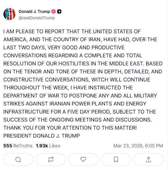 KhanhtranHC's tweet photo. 🚨 BREAKING: TRUMP ANNOUNCES MAJOR IRAN PROGRESS 🔥

President @realDonaldTrump just posted:
I am very pleased to report that, over the past two days, the United States and Iran have had very positive and productive negotiations... Based on these deep and constructive talks, I have directed the Department of Defense to suspend all military strikes targeting Iran’s power plants and energy infrastructure for the next 5 days

➡️ This is exactly why USOIL just flash-crashed -10.53% in minutes !

War premium evaporated → Classic “sell the news”!

Oil to $80 or rebound? What are you holding?

#USOIL #OilCrash #TrumpIran #Geopolitics #Oil

(KT CAPITAL - Real-time Update) 📉