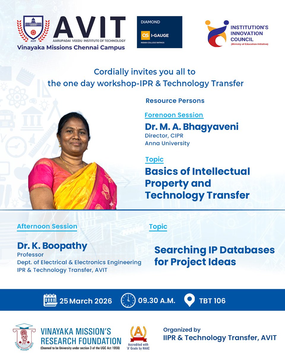 AVITChennai's tweet image. Join us for an insightful workshop on Intellectual Property &amp;amp; Technology Transfer at Aarupadai Veedu Institute of Technology. Learn, innovate, and explore new ideas with expert guidance!

#AVIT #Workshop2026 #IntellectualProperty #TechnologyTransfer #Innovation