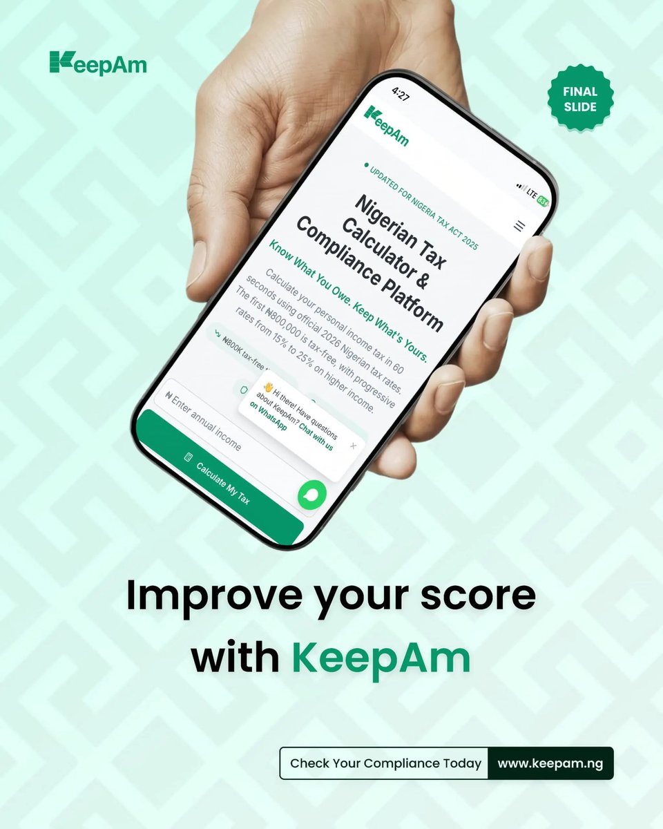 keepamapp's tweet photo. The new KeepAm Compliance Score shows how
prepared you are for tax filing and where you can improve.
Compliance doesn’t have to be confusing.
Check yours today at https://t.co/BgmhTqVlHF
#taxcompliance #nigeriantax #financialclarity #taxscore #keepam https://t.co/SqPP3Cl83d