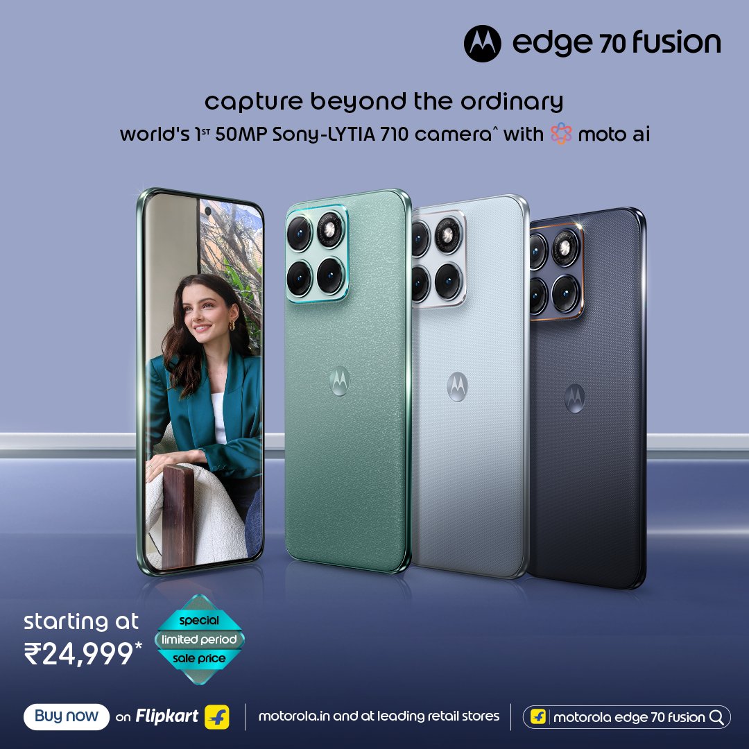 motorolaindia's tweet image. Turn every brilliant idea of yours into something worth creating with moto ai.

With the all-new motorola edge 70 fusion powered by intelligent, on-device and cloud AI.

This Monday, skip the ordinary. Create something better.

#Motorola #motoAI #ImageStudio #Edge70Fusion