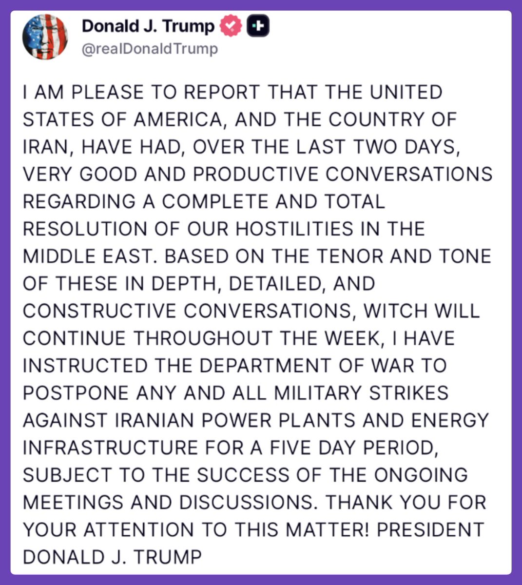 Trump sorgt für Deeskalationshoffnung im Nahen Osten! 

Laut seinem Statement wurden Gespräche mit dem Iran als produktiv bezeichnet, geplante Angriffe sollen für 5 Tage verschoben werden. 

Der Markt reagiert erleichtert: #Bitcoin und #Altcoins ziehen direkt an.

Technisch kam