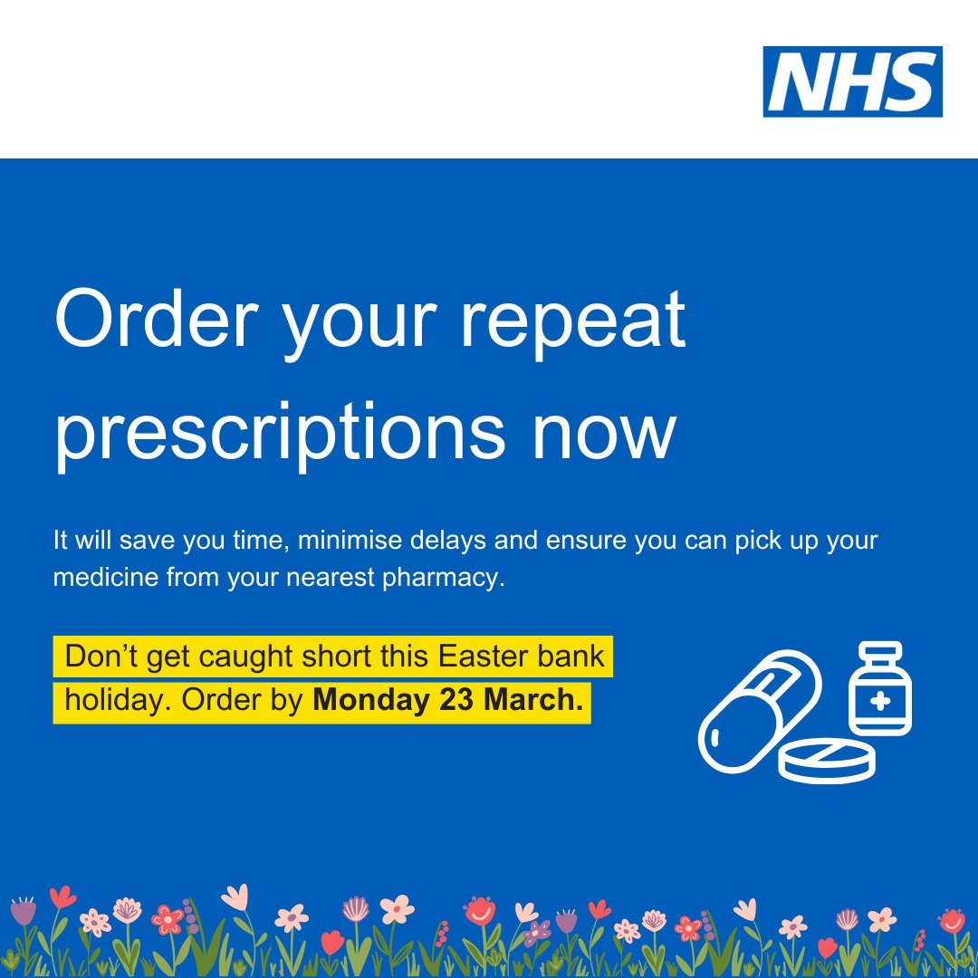 WyeValleyNHS's tweet photo. Be Bank Holiday prepared and order your repeat prescriptions today! 🐣🐇 https://t.co/4rkXGr8sif