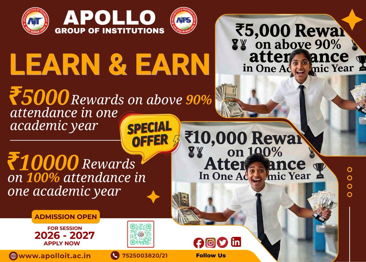 ApolloKanpur's tweet photo. 📢The Apollo Group of Institutions is promoting a “LEARN &amp; EARN” initiative, encouraging students to maintain high attendance and reap financial rewards.

Students achieving *above 90% attendance* receive a ₹5,000 reward. 
Students with *100% attendance* earn a ₹10,000 reward. https://t.co/HVnLQJUkCo