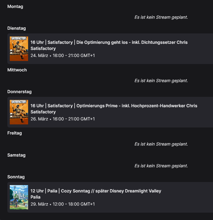 HulkHightower's tweet photo. Hallöchen ihr Lieben, ich wünsche euch eine fantastisch entspannte Woche. Denkt an die Zeitumstellung am Wochenende. Gönnt euch etwas.😋♥️😬 #stream #twitchtv #satisfactory #palia #ddv - https://t.co/yKaXeqjlso 🍔Streamplan für diese Woche (23.03.-29.03.):🍔 https://t.co/jVxR2FJScd