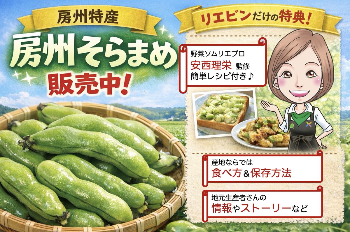 riebin_com's tweet photo. 2026【房州そらまめ〜ご予約受付中！】
今年も南房総の特産品「房州そらまめ」のシーズンとなりました。
「美味しい時期はわずか3日間」と言われるほど鮮度が命の房州そらまめを、収穫当日に発送してお届けします。
南房総の温暖な気候と潮風が育てた、甘さと食感が抜群の初夏の味。今年は4月中旬〜5月下旬までの期間限定です。
数量も限られていますので、ぜひお早めに！
【予約販売ページ】
https://t.co/LqsscdLhCr
#そらまめ #房州そらまめ #館山 #南房総