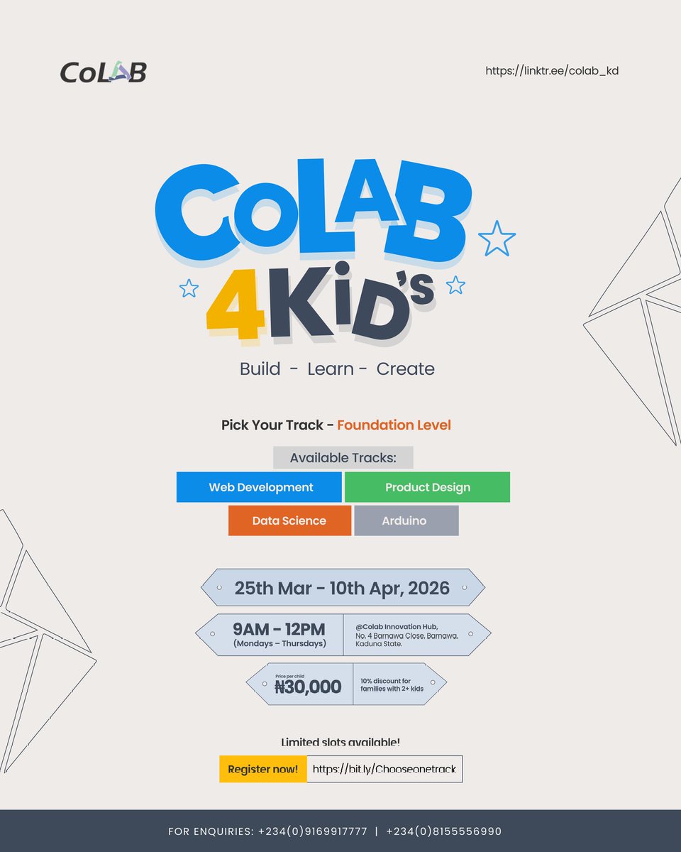 We’re live.

Our 2 Weeks Kids Tech Program begins this Wednesday.

A hands-on experience where kids choose a track, learn the fundamentals, and build something real.

💻 Laptop required

Register here: bit.ly/Chooseonetrack

Start them early. Build them right.