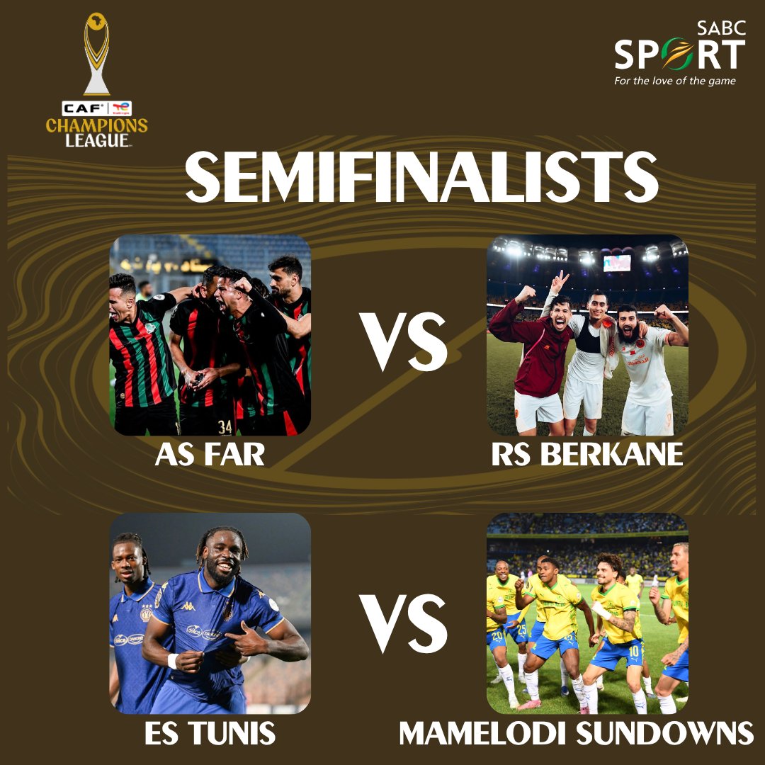 🏆 ℂ𝔸𝔽 ℂ𝕃 🏆

And then there were four...

RS Berkane will face AS Far in their first-ever Champions League semifinal, and Miguel Cardoso will encounter his former club for a place in the final!🤩

#SABCSportFootball