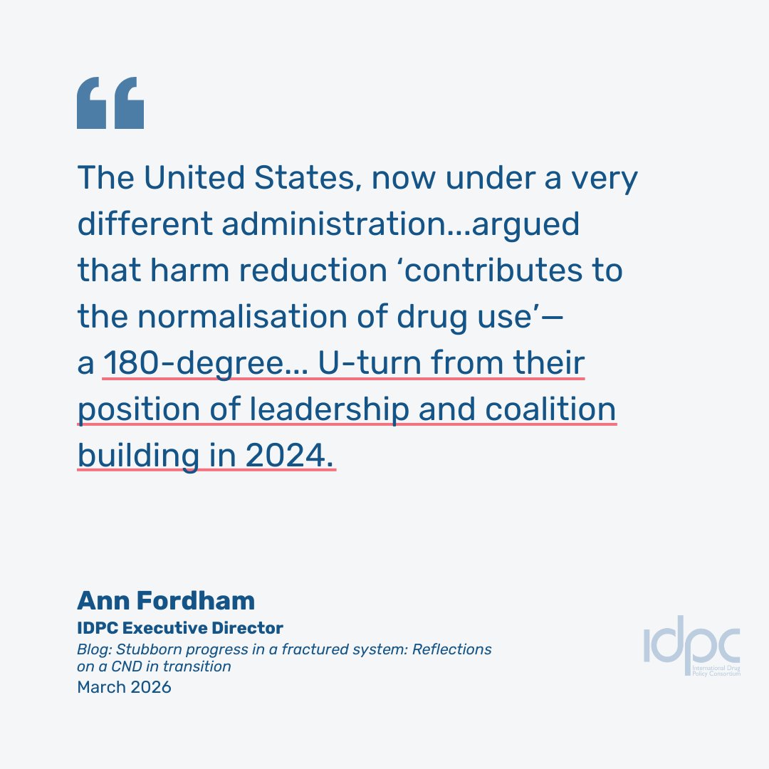 IDPCnet's tweet image. At #CND69, shifting US positions on #HarmReduction signalled a broader change in global drug policy dynamics.

IDPC ED, @AnnFordham, reflects: bit.ly/4bCCjYu