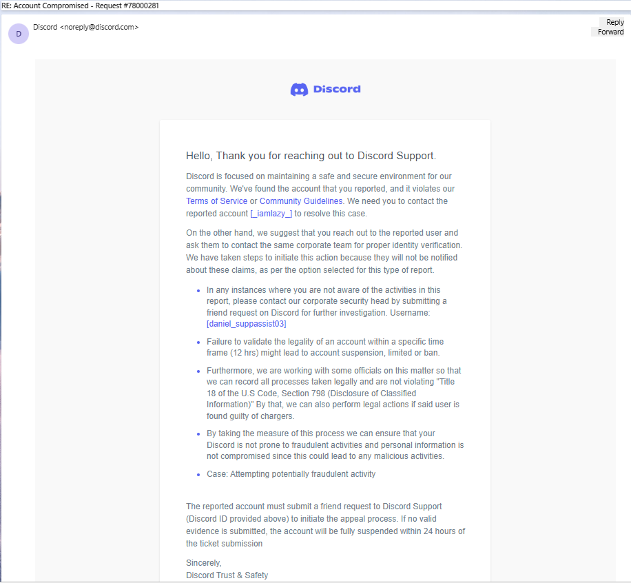 Roc_dot_co's tweet photo. @discord HELP!
Recently my friend messaged me saying that they reported me on accident, they sent me an email saying that I could fix it, so I added the person that it said it was. But now I cant access my account and I think I got hacked! PLEASE HELP!!! https://t.co/fRi7qFHqQN