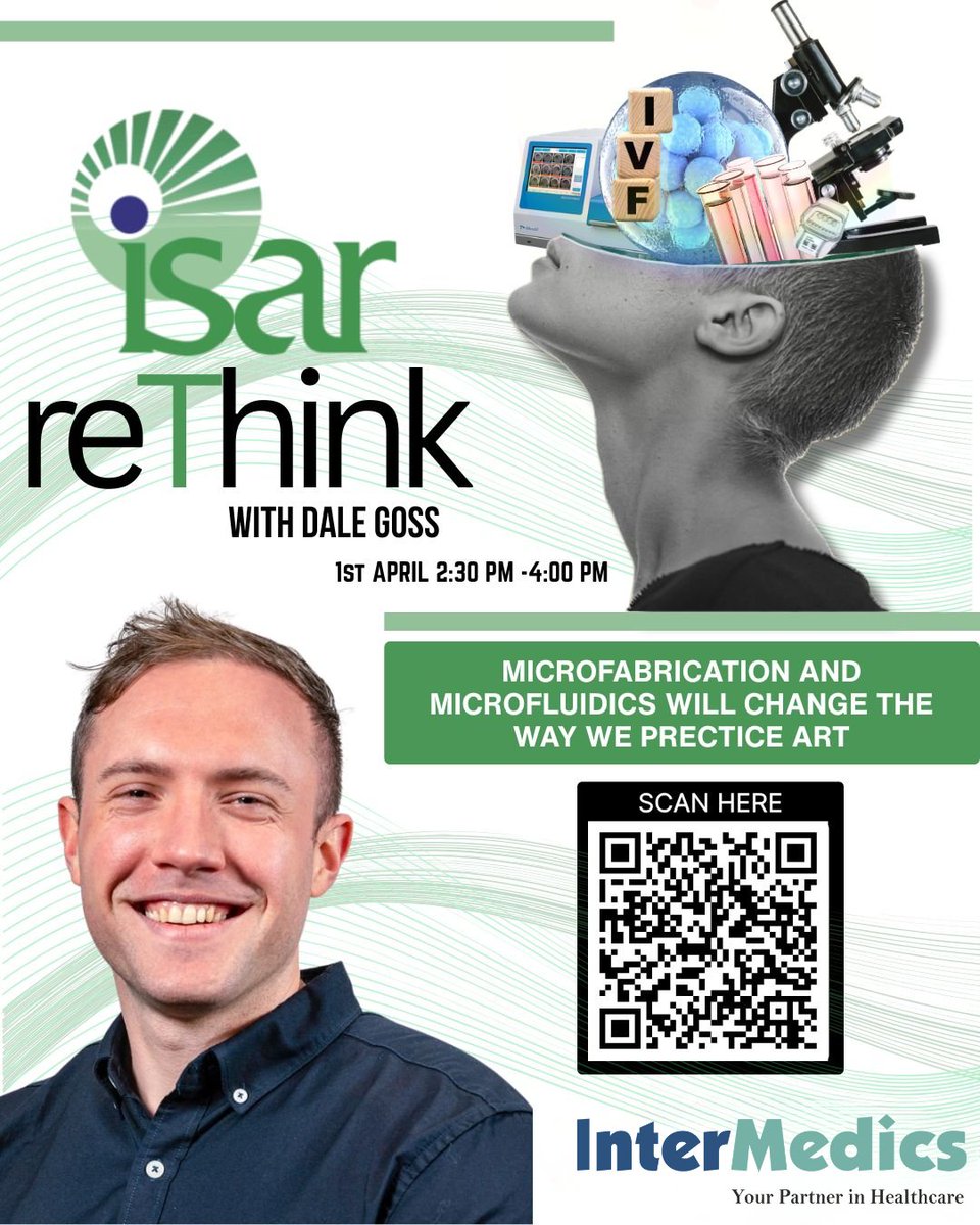InterMedics_ivf's tweet photo. ISAR ReThink Webinar with Dale Goss

Microfabrication &amp; Microfluidics: Will this change ART practice?

1 April | 2:30 PM IST
Register: https://t.co/0Pm5TPqS8M

#IVF #Embryology #ART https://t.co/Jy12aXarmd