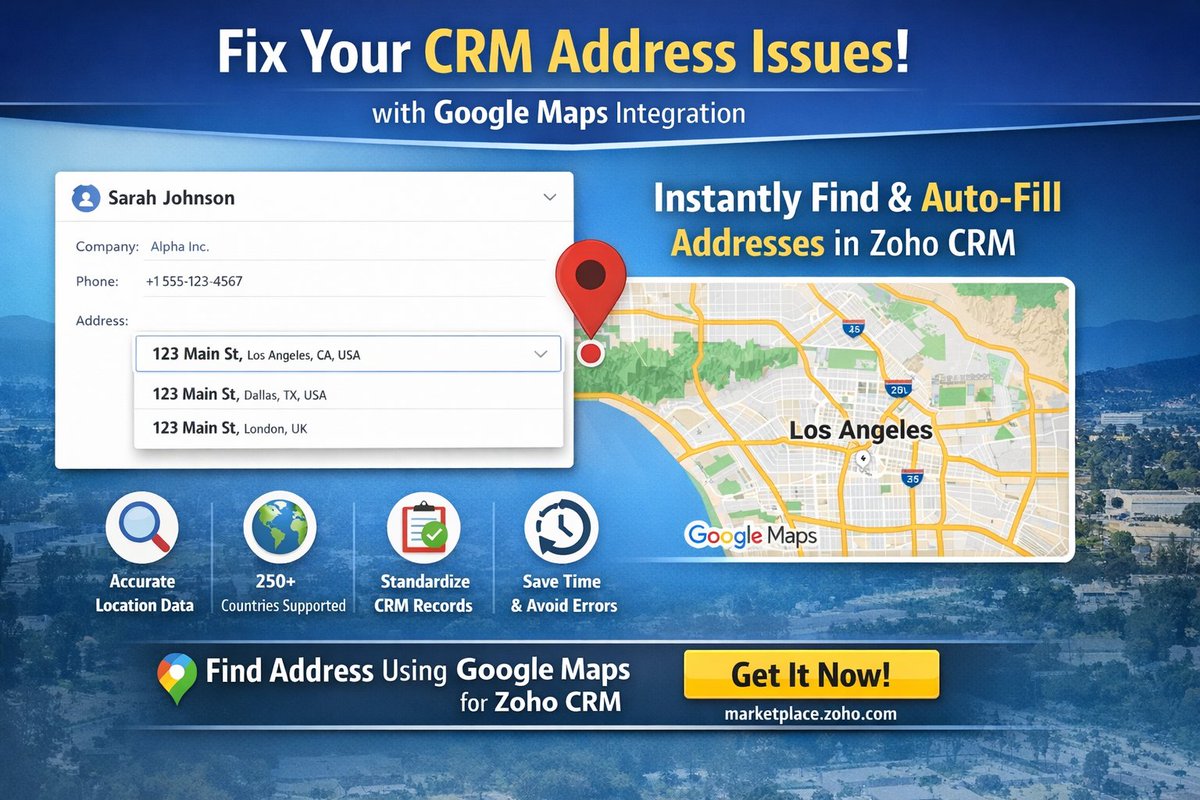 📍 Is your sales team wasting time copy-pasting addresses into Zoho CRM?

We built a solution — and thousands of CRM users are already loving it. 🚀

🔌 Introducing: Find Address using Google Maps for Zoho CRM
A Zoho Marketplace extension by W3S Cloud Technology

✅ What it does: