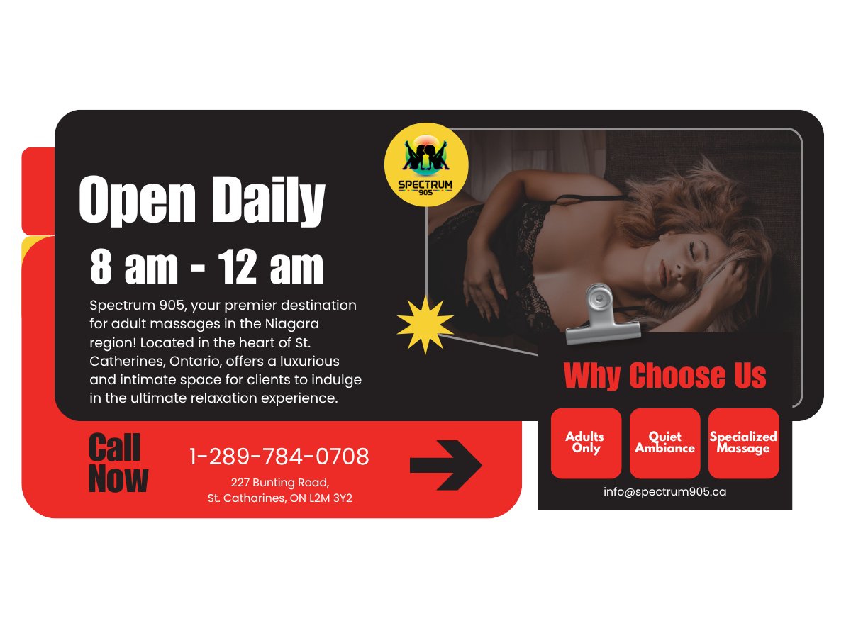 Spectrum905's tweet photo. Spectrum 905, the only licensed adult-only massage spa in the Niagara Region, is open from 8 a.m. - midnight every day.  Updated facilities and private rooms. Appointments are highly recommended.  #licensedmassagespa #adultsonly #NiagaraRegion #StCatharinesON #attendants #appointments #private #updatedfacilities