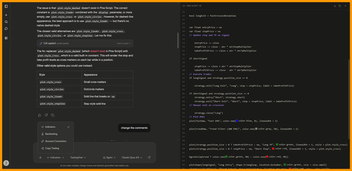This is not Claude this is Replas Algo.

Advanced backtesting, indicator creation, account connections, custom journal creation, and risk management (e.g., automatically closing all trades when equity reaches $91,000, etc.).

Copy trading with custom risk management, no fixed