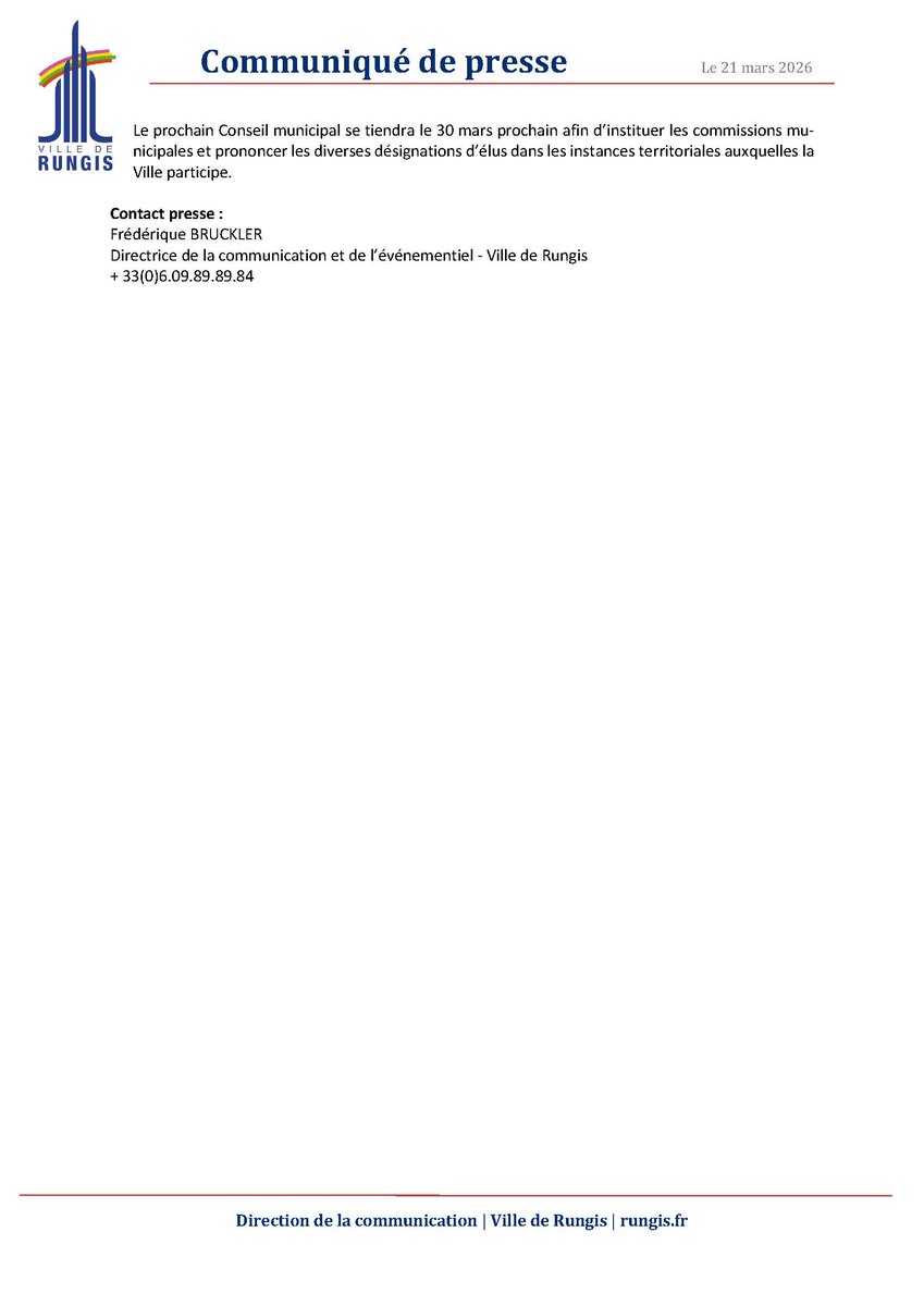Rungis94150's tweet photo. #Communiqué Bruno MARCILLAUD réélu Maire de #Rungis lors du Conseil municipal d'installation du samedi 21 mars 2026.
https://t.co/xZpKCADrLa https://t.co/JRDdV7srlX