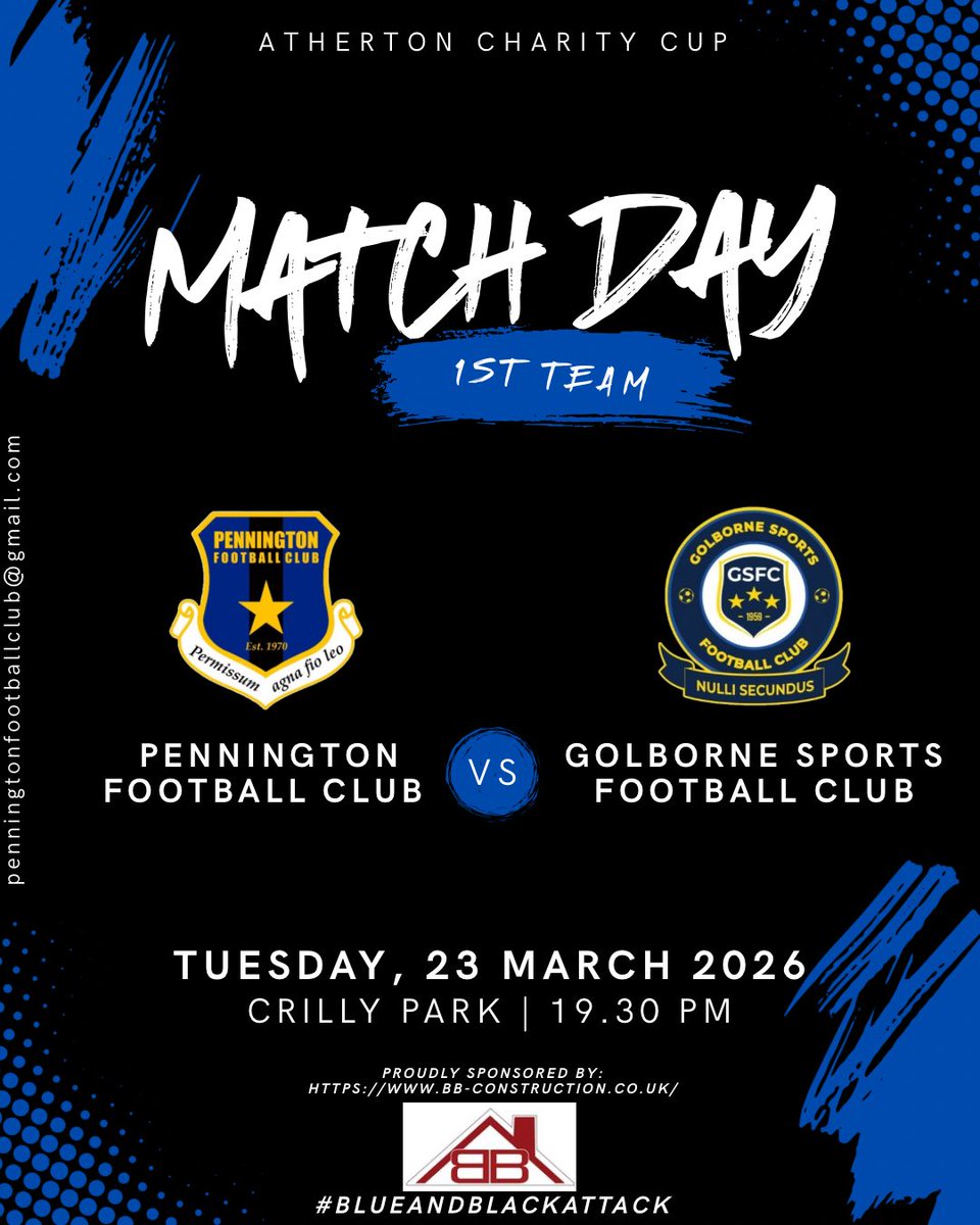 pennington_fc's tweet photo. Another semi final awaits tomorrow as the lads face Golborne Sports at Atherton LR’s Crilly Park. Get down and show some support!⚽️🔵⚫️ #blueandblackattack https://t.co/e0fjBi0JAm