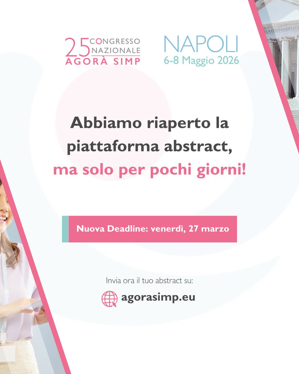 SIMPerinatale's tweet photo. Se non sei riuscito a inviare il tuo abstract venerdì scorso, hai ancora qualche giorno per completarlo e presentarlo al Congresso Nazionale di #MedicinaPerinatale!

Invia il tuo abstract al congresso #AgoraSIMP entro questo venerdì, 27 marzo!

👉 https://t.co/r8D5RZFeBI https://t.co/vacFty1jbi