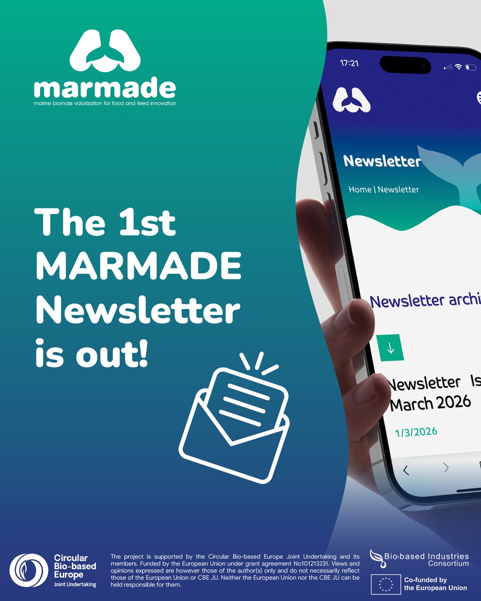 📩 We are excited to share the first edition of the #MARMADE newsletter, presenting the latest updates from the project working to unlock the upcycling potential of marine biomass.

📖 Read the newsletter: shorturl.at/VCzZG

👉Subscribe here: shorturl.at/c1BgD

#CBEJU